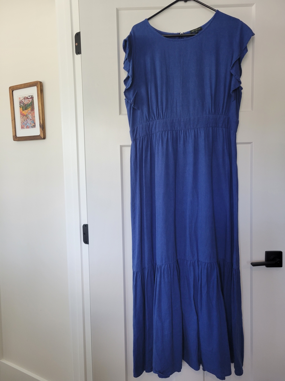 For Cynthia Royal Blue Linen Blend Maxi Dress with Ruffle Sleeves